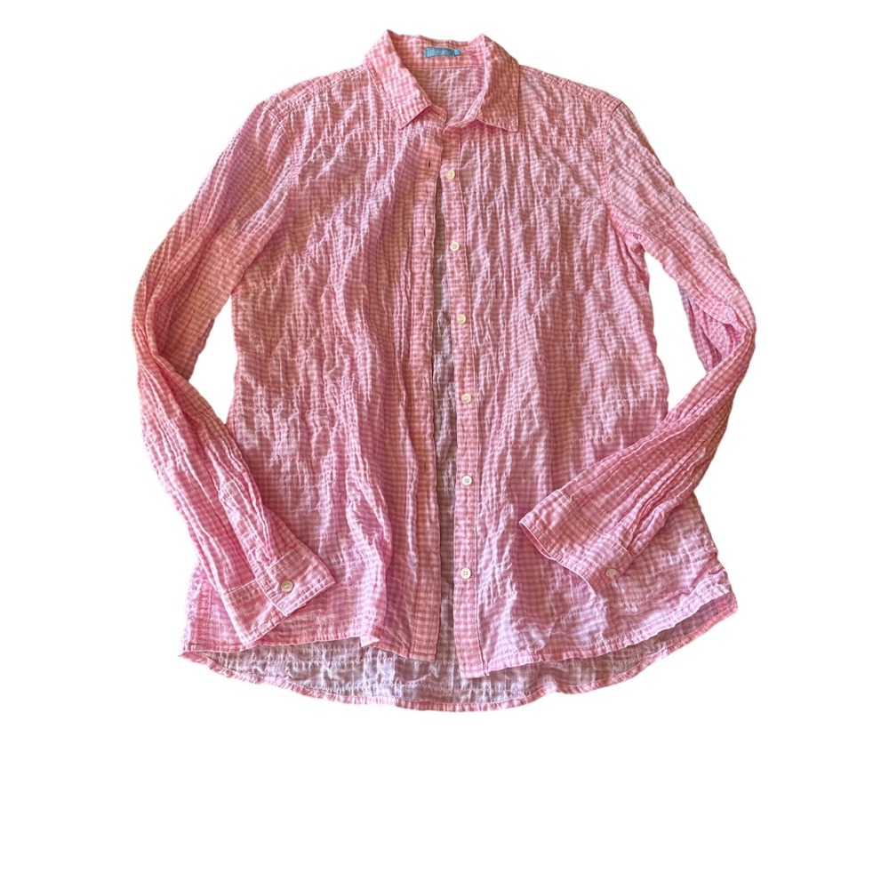 J. McLaughlin Button Down Pink Gingham Seersucker Crinkle Shirt Long Sleeve S‎